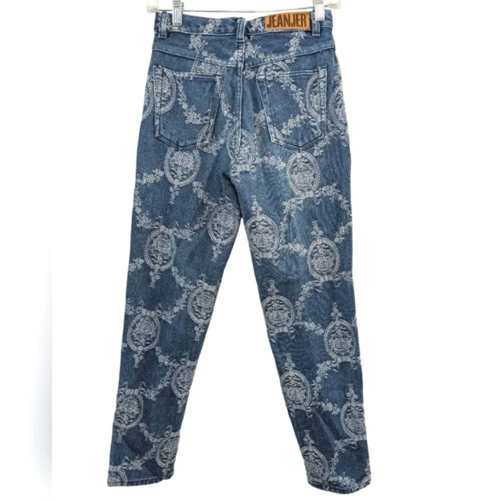 Vintage 90s Jeanjer Baroque floral print blue denim tapered mom jeans womens 5/6